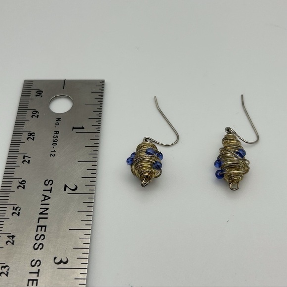 Silver Tone Cluster Wire Bunch with Purple Beads Dangle Earrings Chunky Swirl - Picture 3 of 5